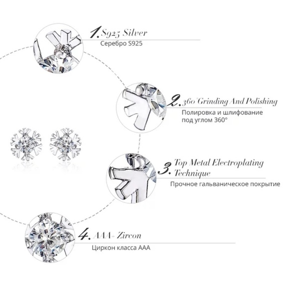 .925 Silver Zircon Snowflake Studs Simple Gift - Picture 3 of 6
